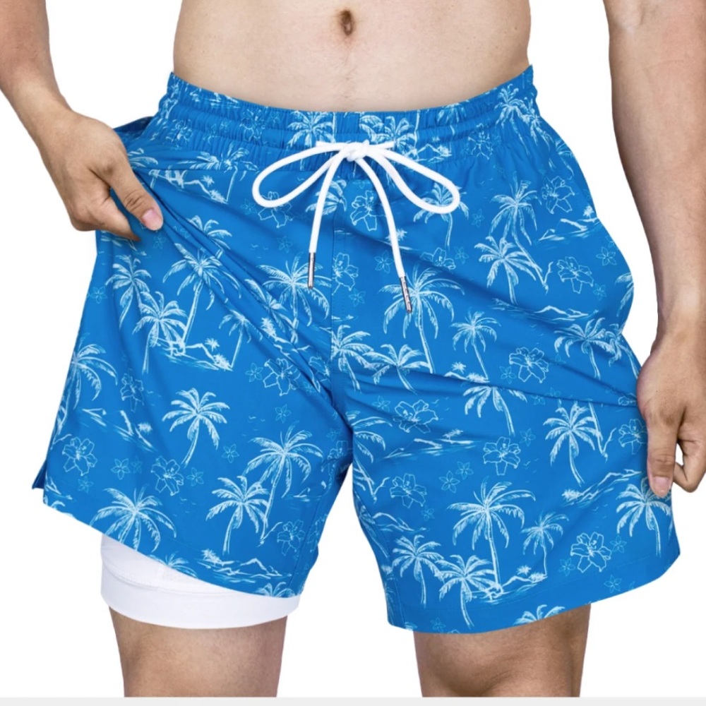 NEW SURFCUZ  7”4 way Stretch 2 in 1 blue coconut tree print swim trunks Size: S